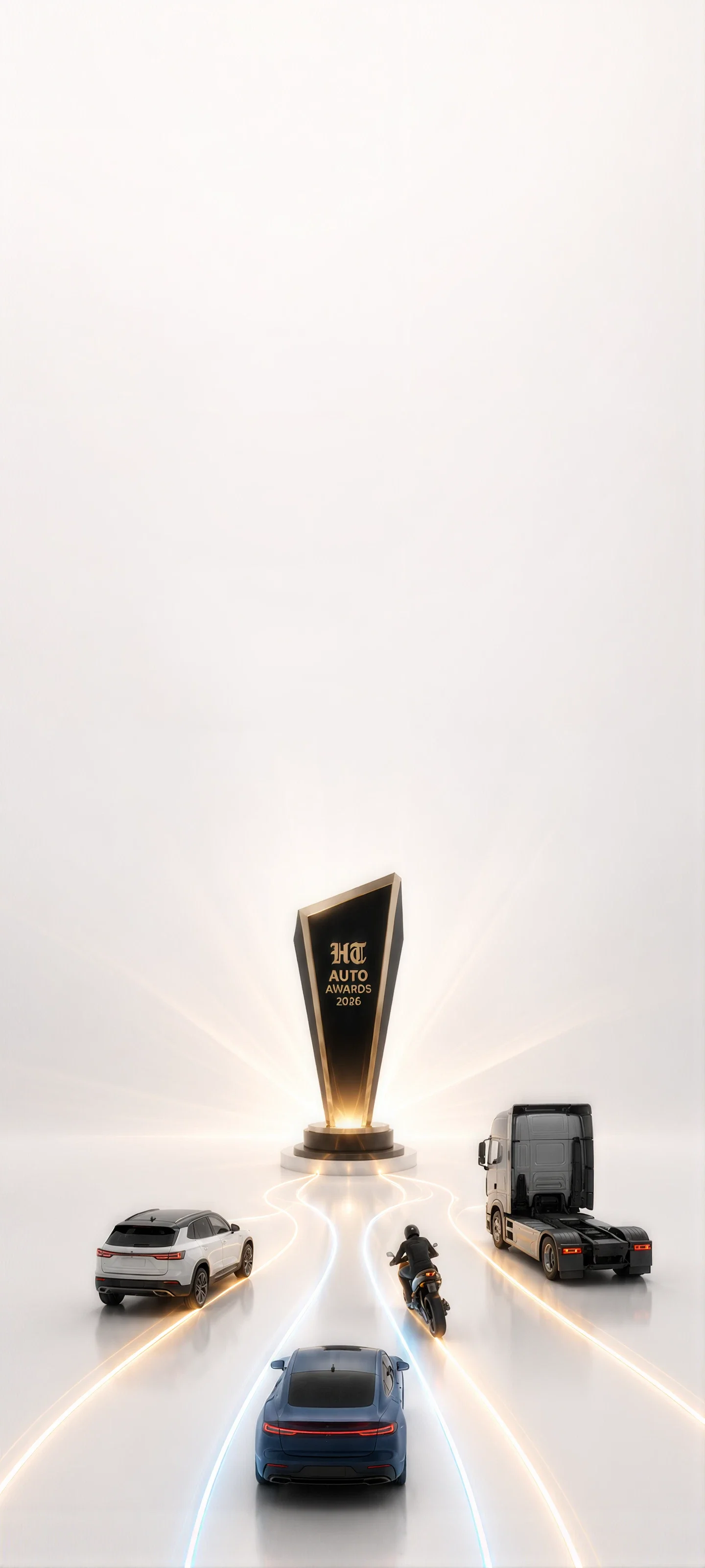 HT Auto Awards 2026 trophy flanked by an SUV, a motorcycle, a sedan and a truck